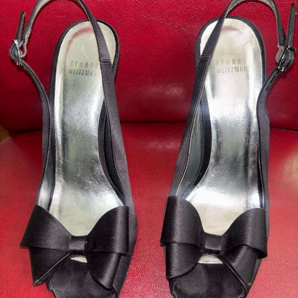 Stuart Weitzman Black Satin and Leather Slingback Heels